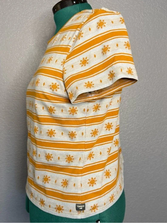 Toad&Co Sun Print Tee L Cream Yellow Striped Organic Cotton - Picture 3 of 6